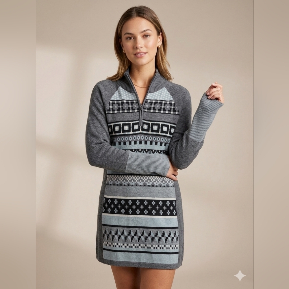 Title Nine Merino Wool Blend Geometric Nordic Quarter Zip Sweater Dress - Large